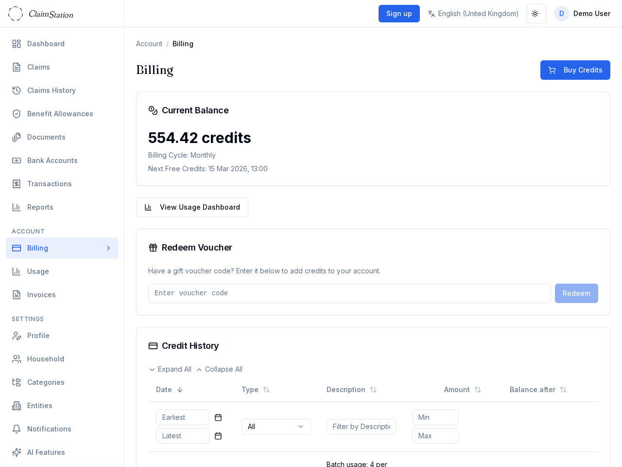 ClaimStation billing page